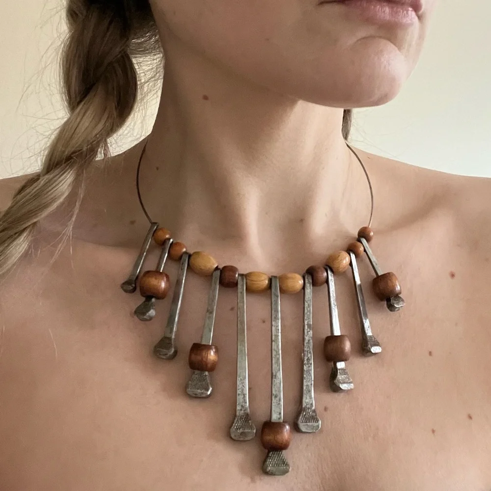 Authentic 1960’s Wood Bead and Hammered Metal Necklace - Picture 1 of 6